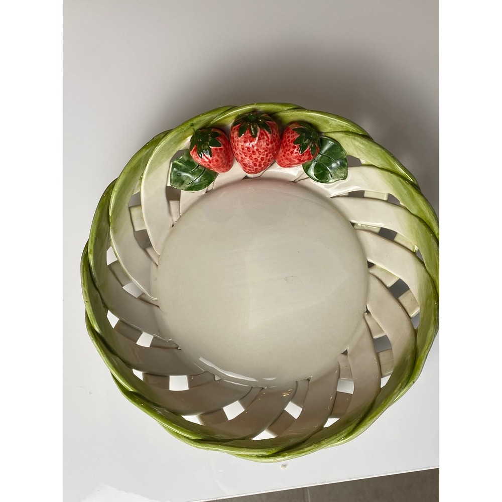Lanzarin Ceramiche Italy Woven‎ Strawberry Ceramic Fruit Basket Bowl Signed